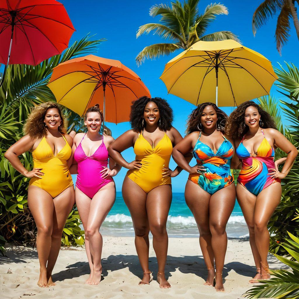 A vibrant beach scene with diverse voluptuous amateur models showcasing playful energy in colorful swimsuits. The setting includes bright umbrellas, waves crashing, and laughter filling the air. Add elements of empowerment through body positivity, with models striking confident poses. Include tropical plants in the background for a lively touch. super-realistic. vibrant colors. sunny atmosphere.