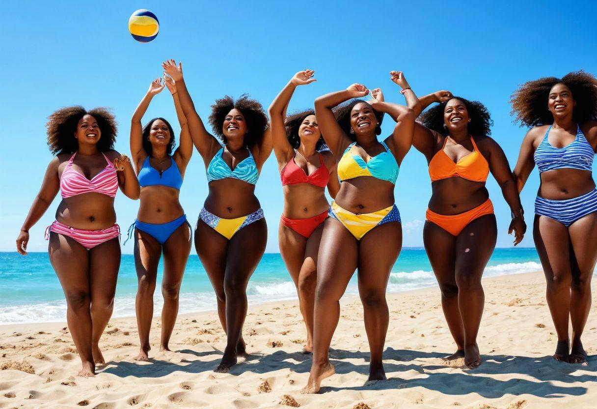 A vibrant beach scene showcasing curvy amateur models confidently wearing colorful, stylish beachwear, engaging in joyful activities like laughter, dancing, and playing beach volleyball. Emphasize body positivity with diverse body types, radiant smiles, and natural sun-kissed skin. The background features clear blue skies and gentle waves, creating an inviting and empowering atmosphere. super-realistic. vibrant colors. sunny beach landscape.