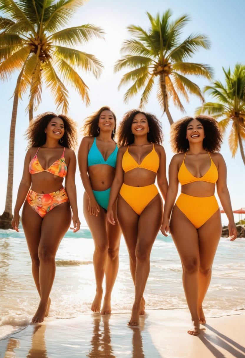 A vibrant beach scene featuring diverse models of various body types, confidently showcasing colorful beachwear against a sunny backdrop. Radiant sun rays illuminate their smiles, with gentle waves lapping at the shore, while palm trees sway in the breeze. Encompass a sense of joy and freedom, highlighting body positivity and sensual expression through playful poses and candid moments. bright colors. super-realistic. sunny atmosphere.